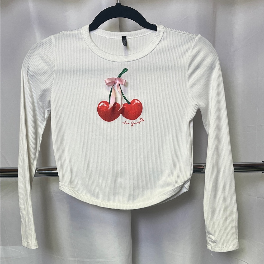Revelation girls Long Sleeve ribbed shirt with Cherry Design and now accent L